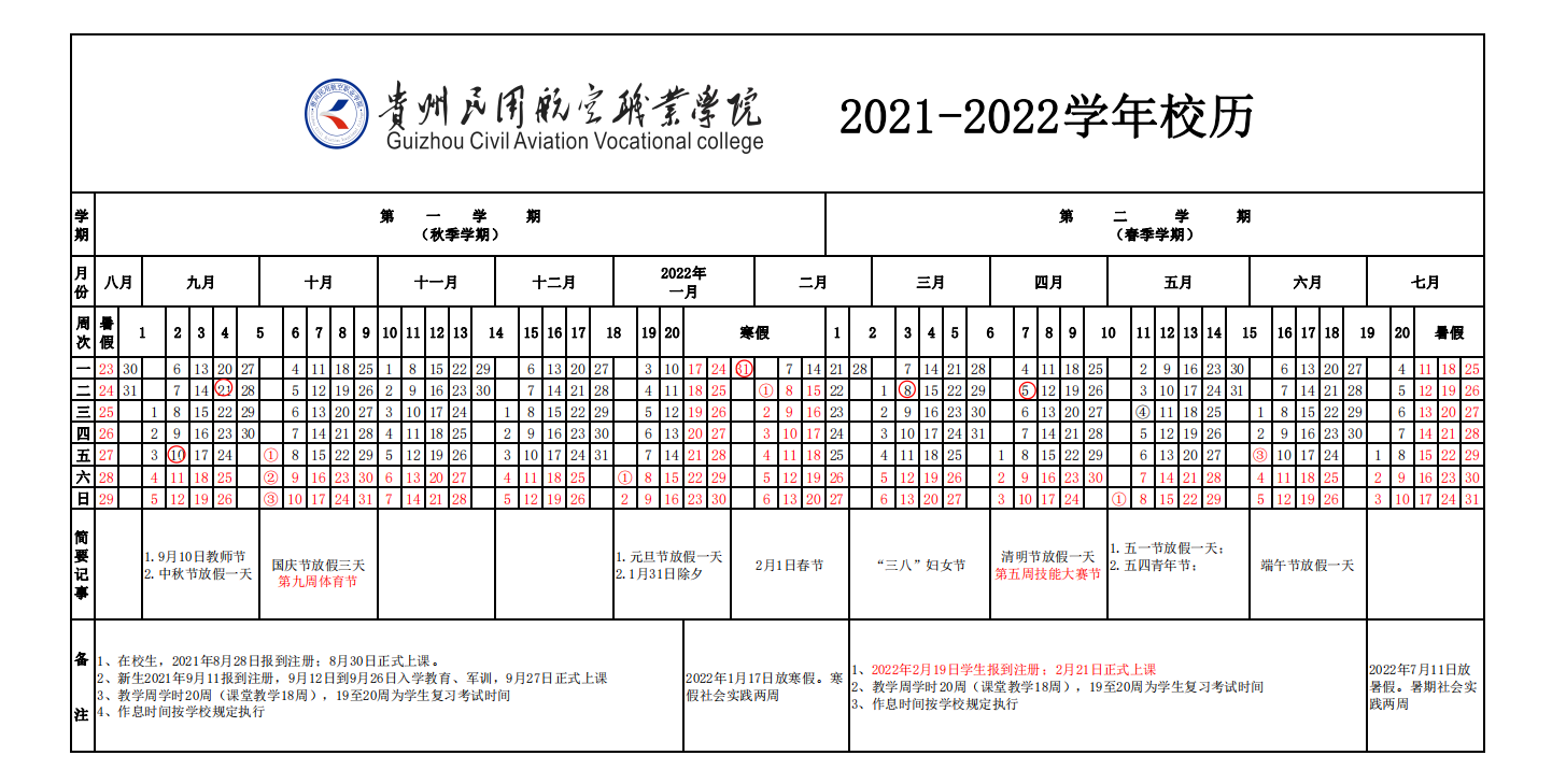 貴州民用航空職業學院20212022學年校歷