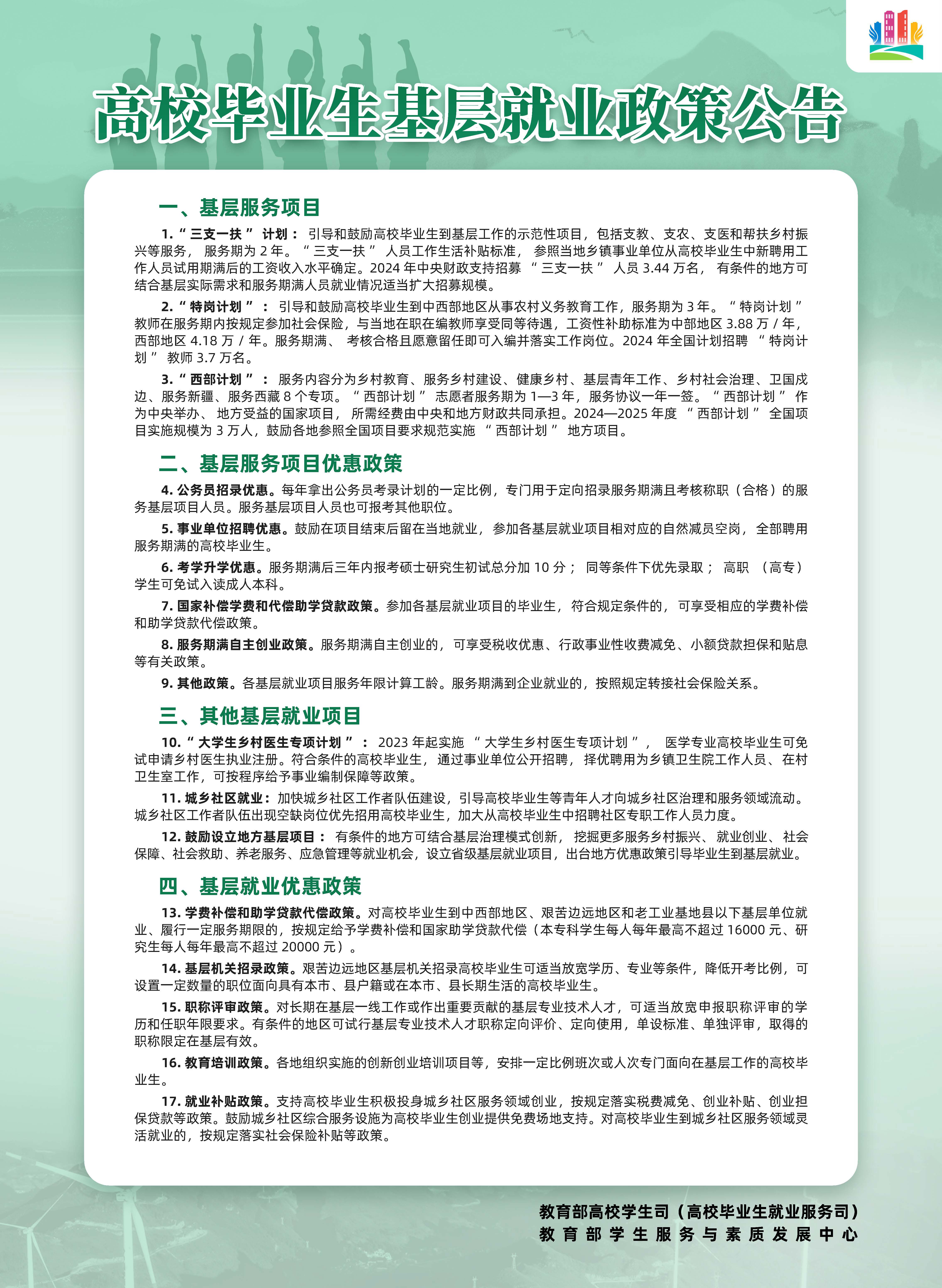 普通高校毕业生基层就业政策公告